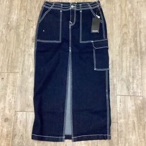 True Religion Dark Blue Denim Cargo Maxi Skirt Pencil Cut